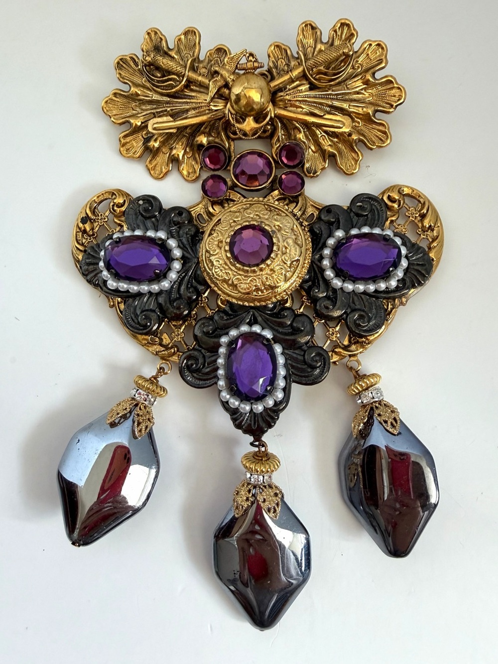 Lawrence VRBA Couture Purple Crystal Hematite Dangle Statement Brooch